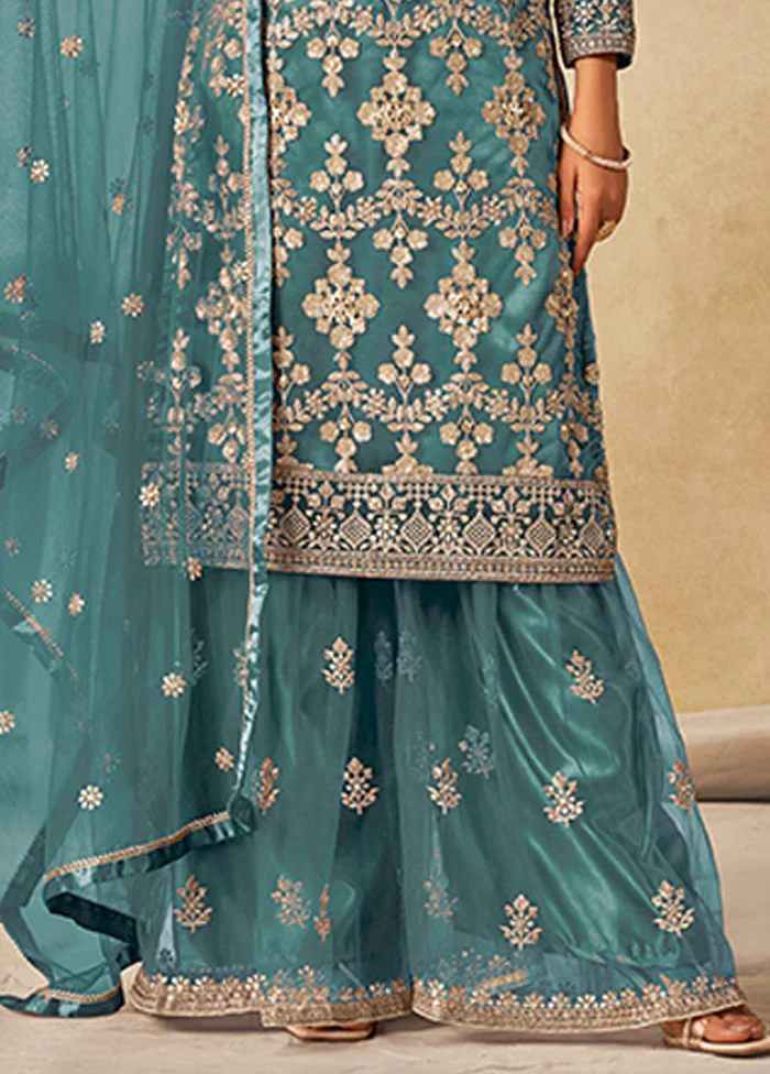 3 Pc Green Silk Plazzo Suit Set - Image 3