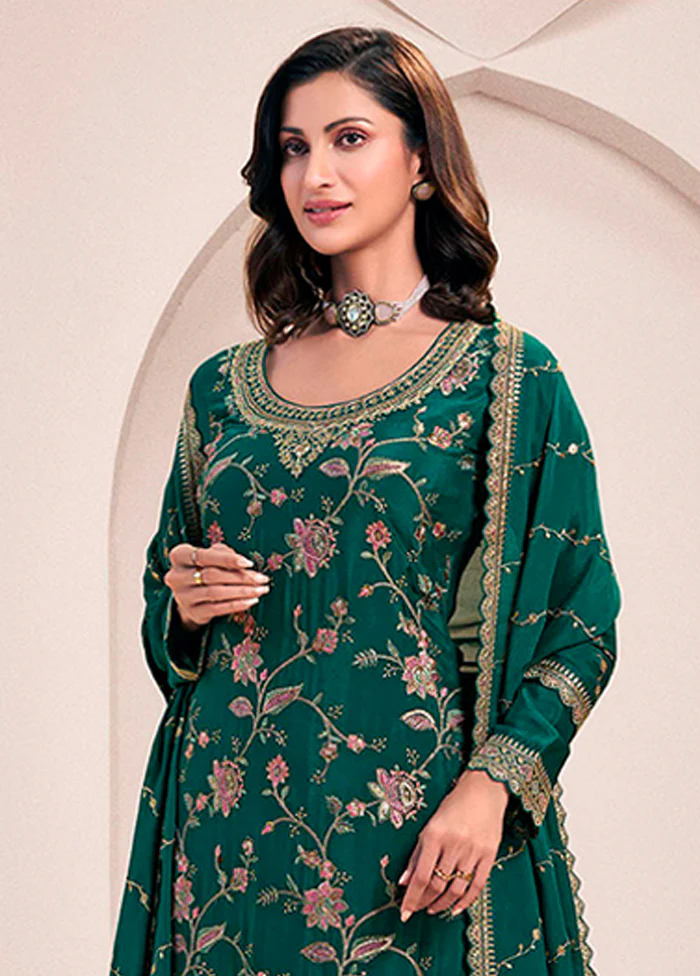3 Pc Green Silk Sharara Suit Set - Image 2