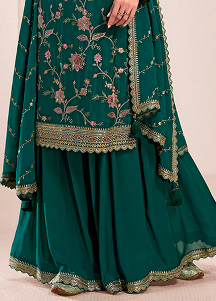 3 Pc Green Silk Sharara Suit Set - Image 3
