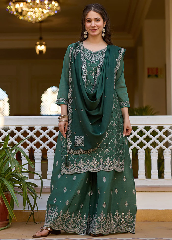 3 Pc Green Silk Suit Set