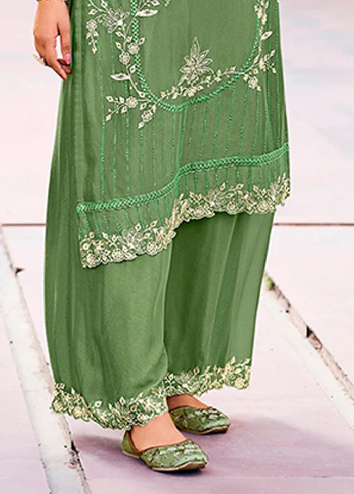 3 Pc Green Silk Plazzo Suits Set - Image 3