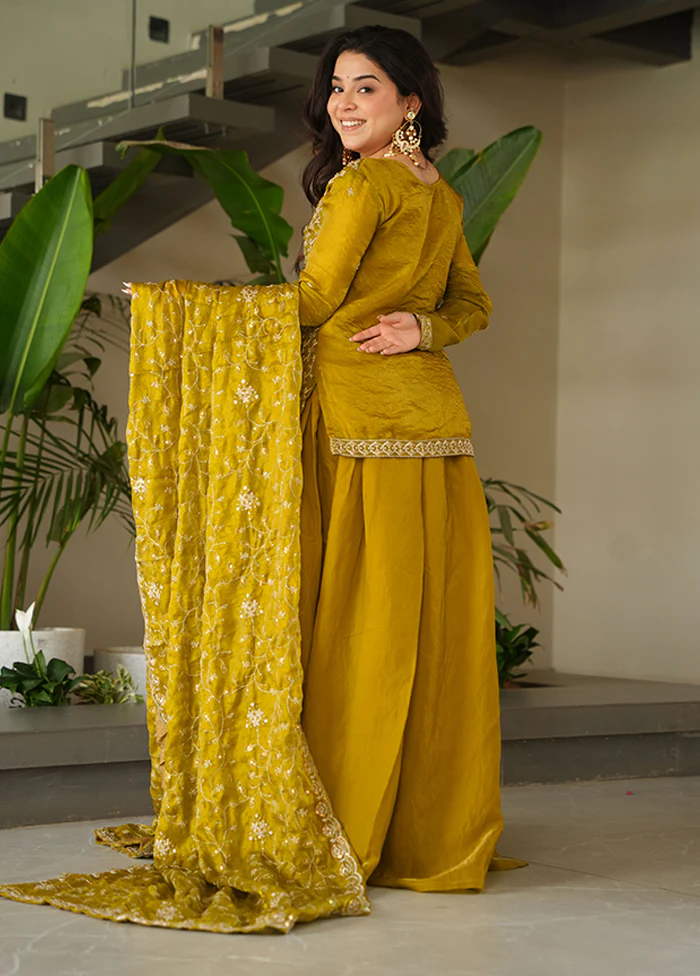 3 Pc Green Silk Sharara Suits Set - Image 3