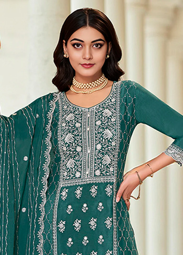 3 Pc Green Silk Plazzo Suits Set - Image 2