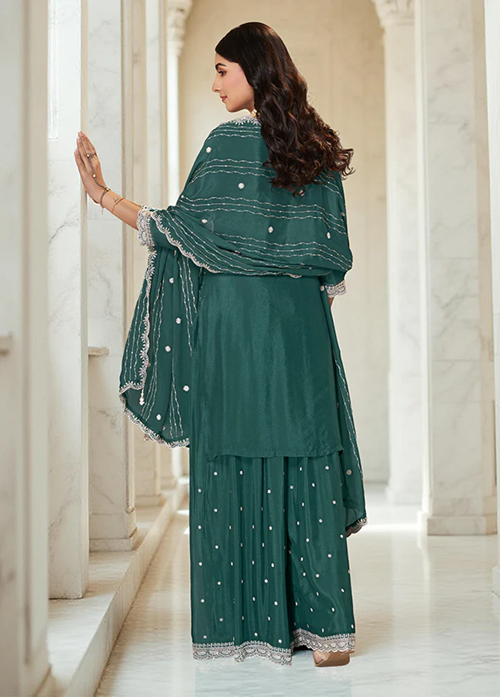 3 Pc Green Silk Plazzo Suits Set - Image 3
