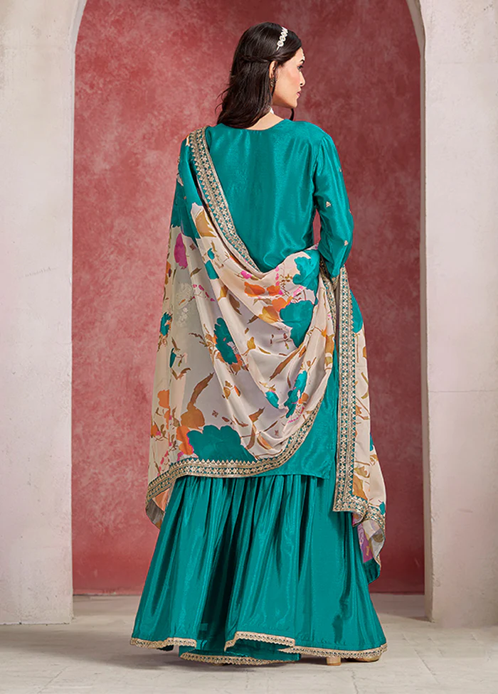 3 Pc Green Silk Sharara Suits Set - Image 3