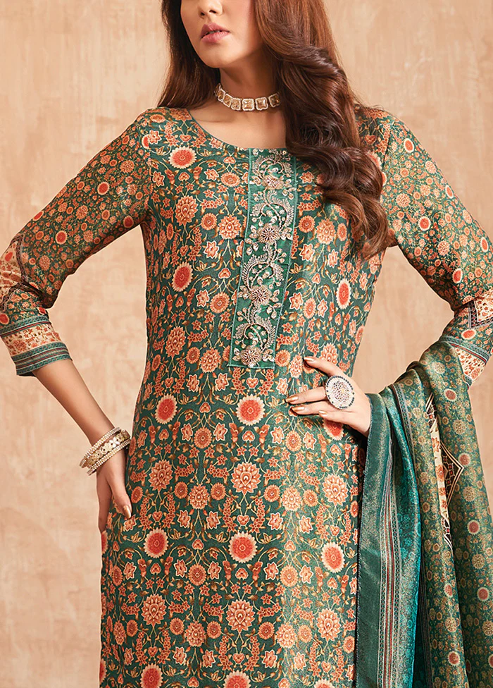 3 Pc Green Unstitched Pure Silk Suit Set - Image 3