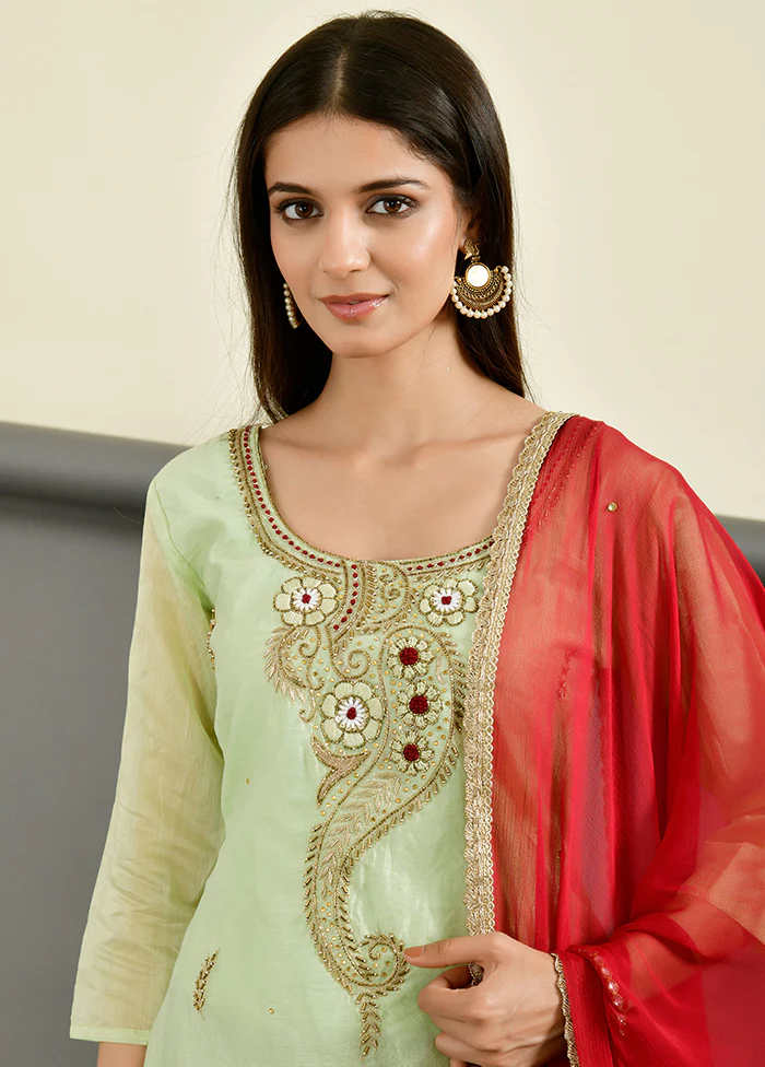 3 Pc Green Zardozi Work Chanderi Suit Set With Dupatta - Image 3