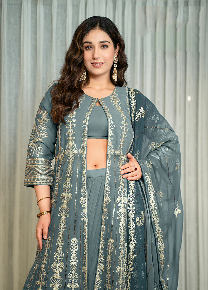3 Pc Grey Georgette Suit Set - Image 2