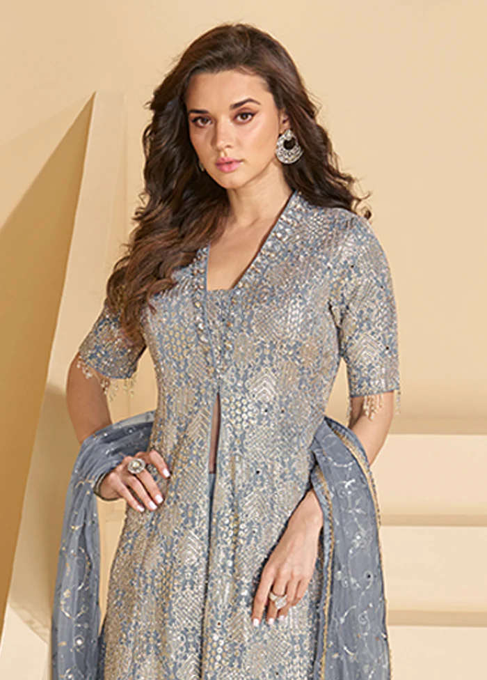 3 Pc Grey Georgette Plazzo Suits Set - Image 2