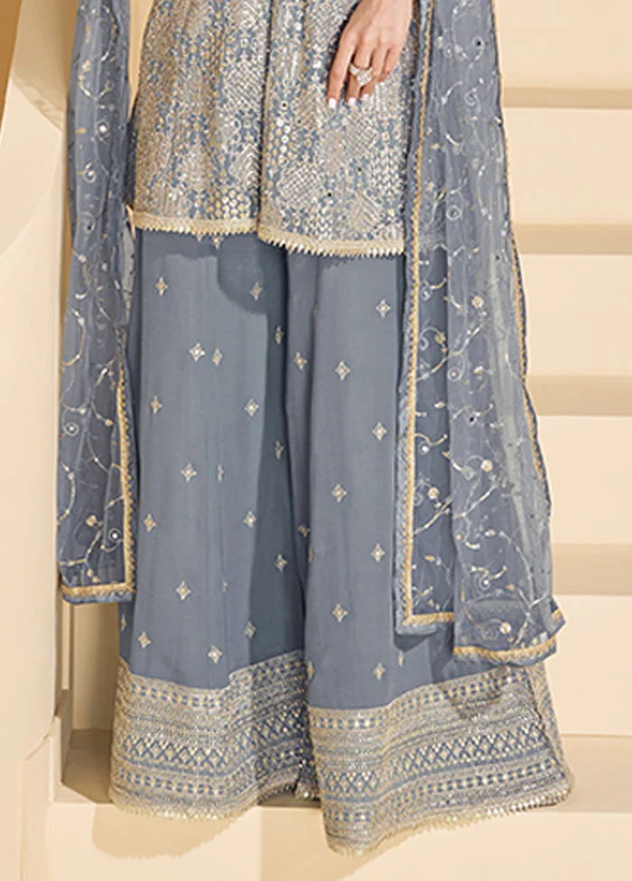 3 Pc Grey Georgette Plazzo Suits Set - Image 3