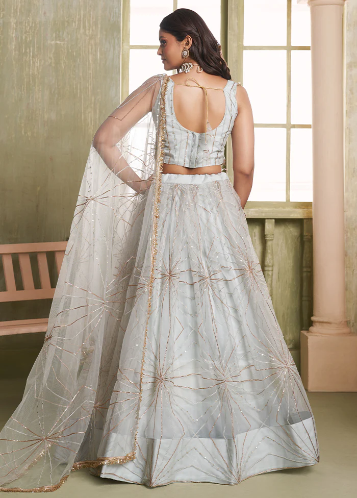 3 Pc Grey Net Semi Stitched Lehenga Set - Image 2