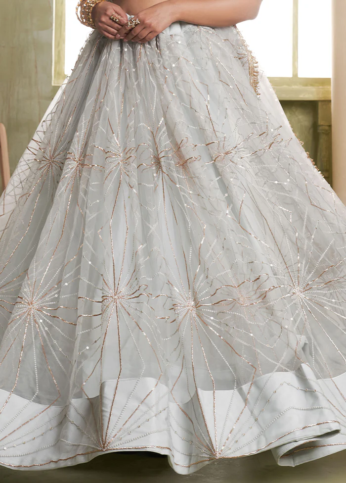 3 Pc Grey Net Semi Stitched Lehenga Set - Image 3