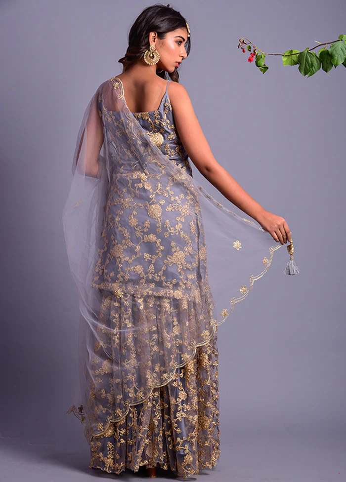 3 Pc Grey Net Sharara Suit With Dupatta - Image 2
