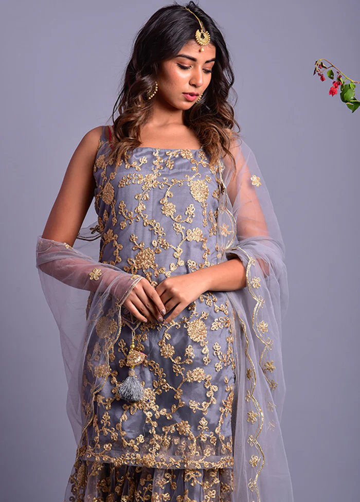 3 Pc Grey Net Sharara Suit With Dupatta - Image 3