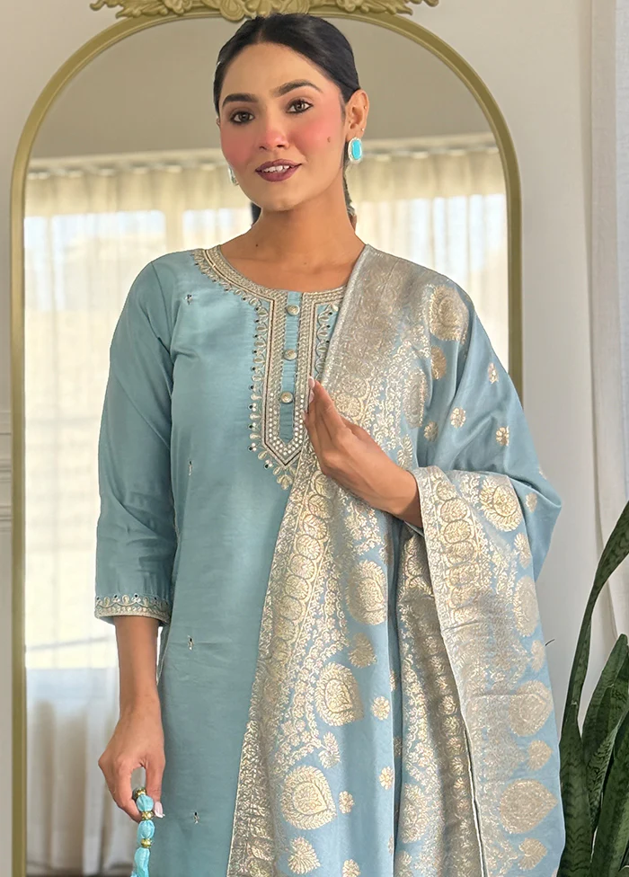 3 Pc Grey Readymade Viscose Dupatta Suit Set - Image 2