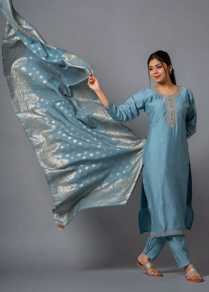 3 Pc Grey Readymade Viscose Dupatta Suit Set - Image 3