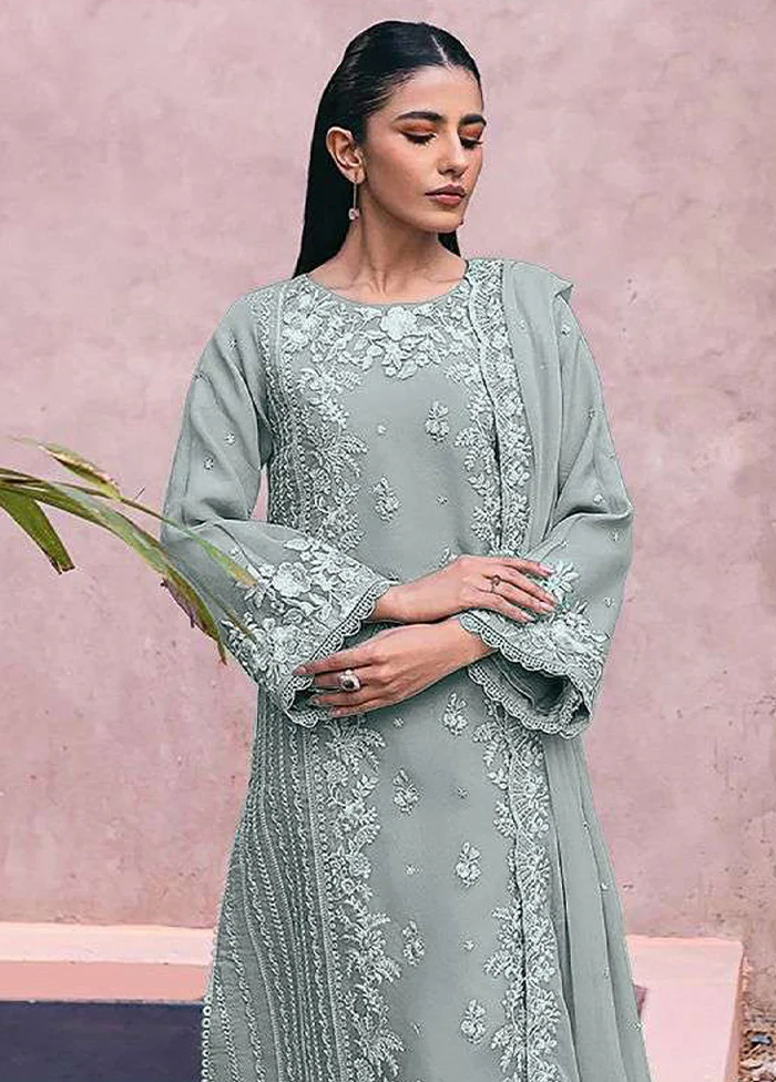 3 Pc Grey Semi Stitched Georgette Suit Set - Image 2