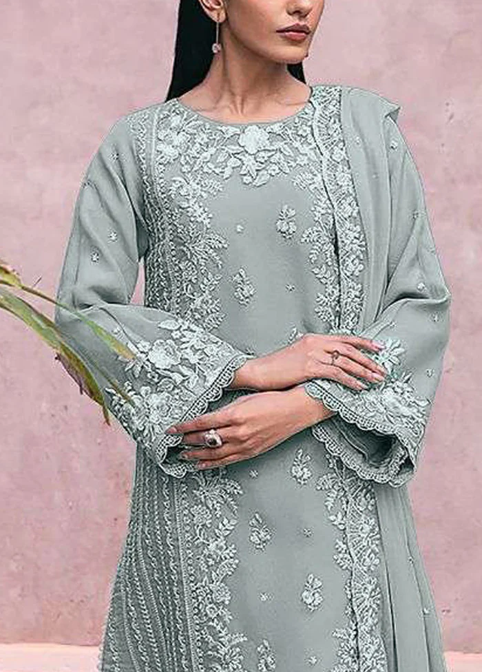 3 Pc Grey Semi Stitched Georgette Suit Set - Image 3