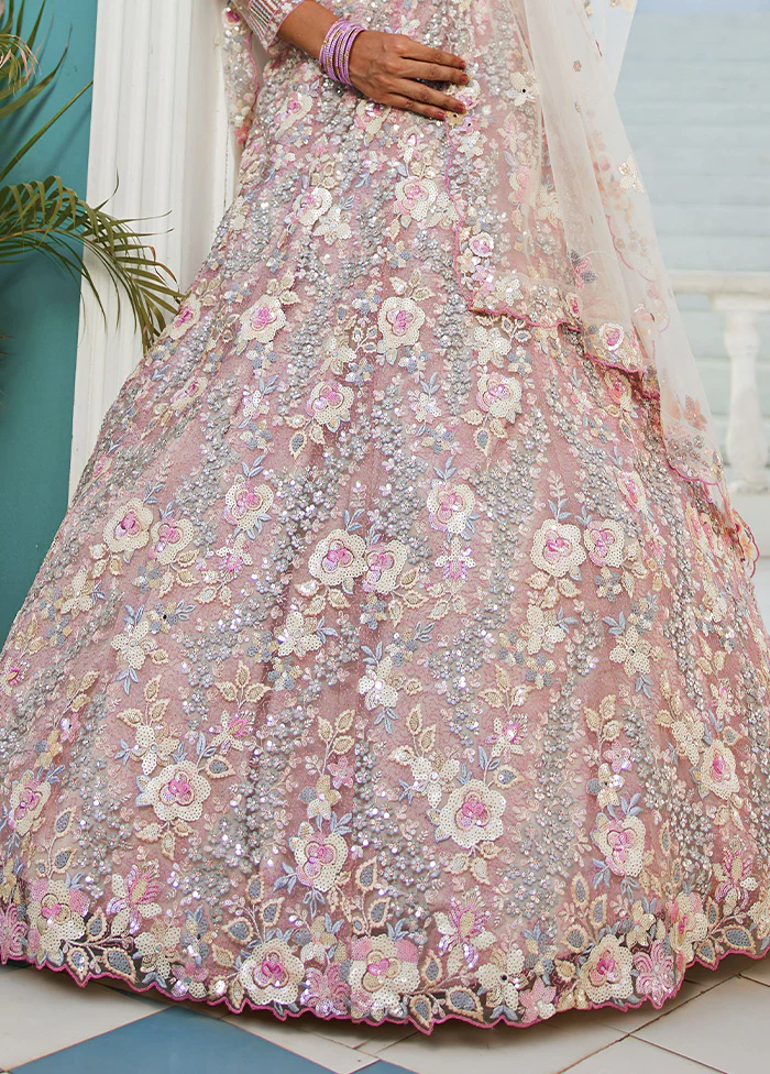 3 Pc Grey Silk Semi Stitched Lehenga Set - Image 3