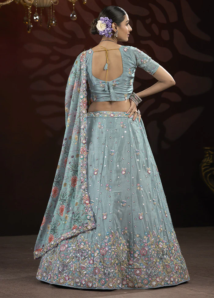 3 Pc Grey Silk Semi Stitched Lehenga Set - Image 2