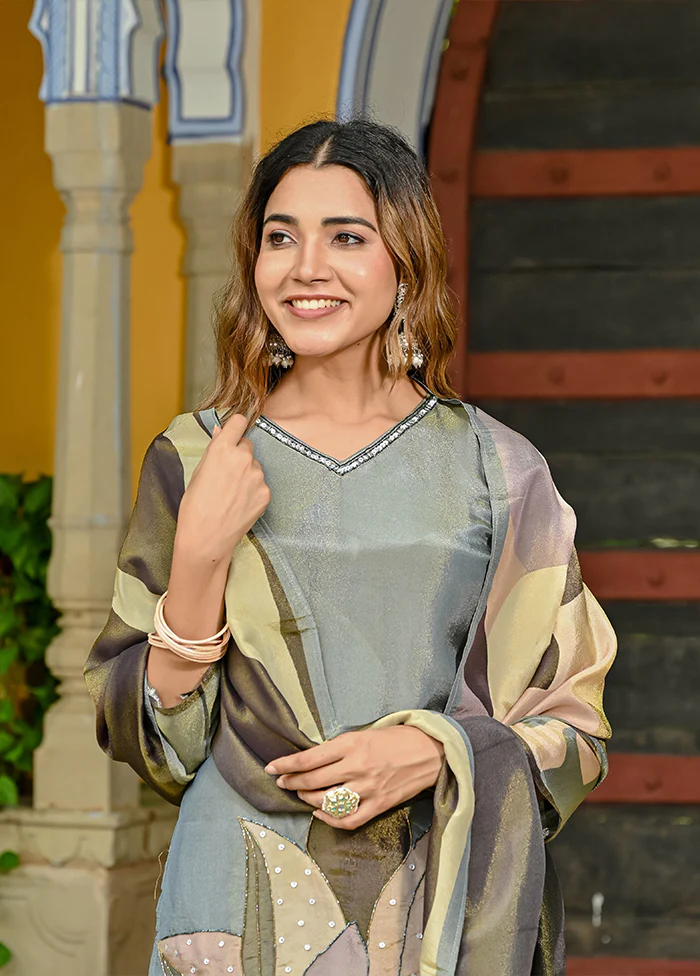 3 Pc Grey Silk Suit Set - Image 2