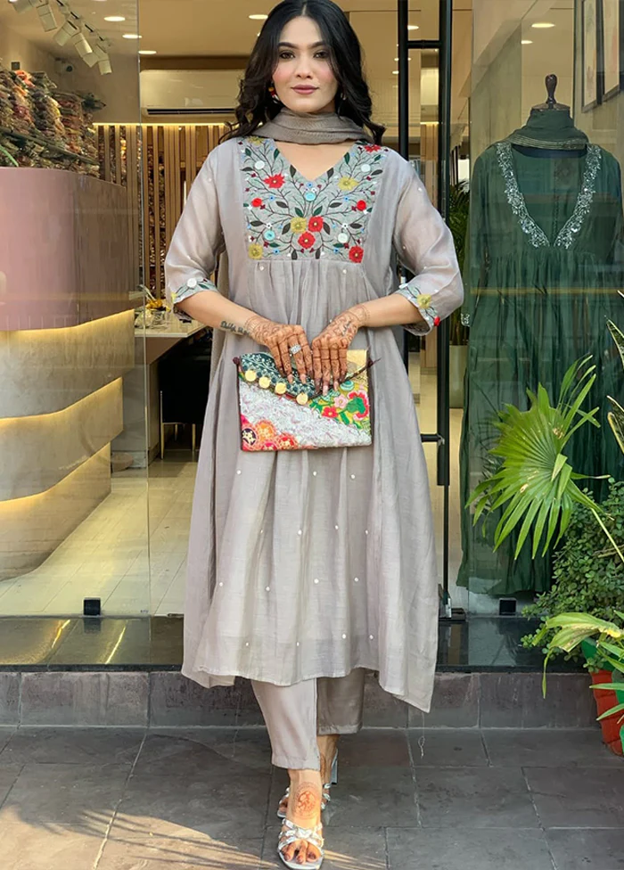 3 Pc Grey Silk Suit Set