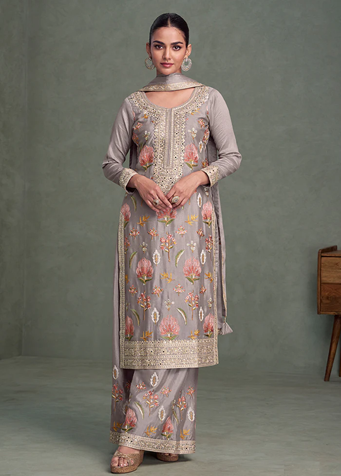 3 Pc Grey Silk Palazzo Suit Set