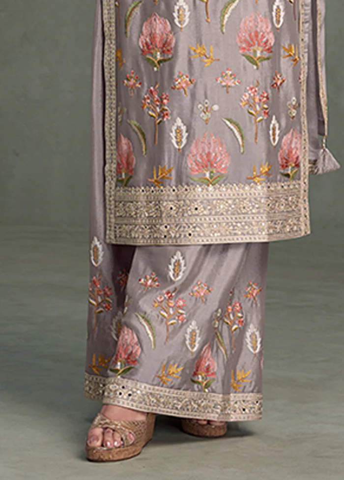 3 Pc Grey Silk Palazzo Suit Set - Image 3