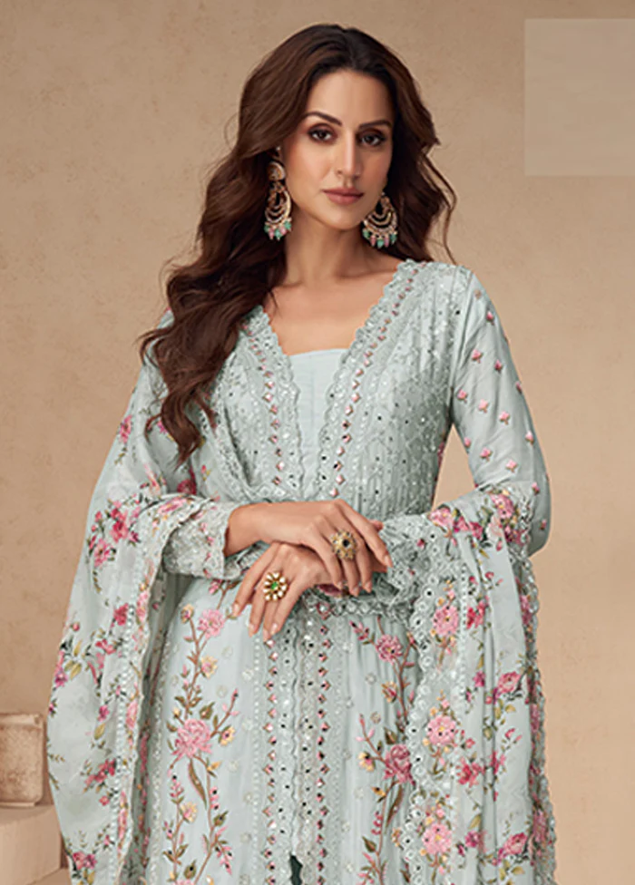 3 Pc Grey Silk Plazzo Suits Set - Image 2