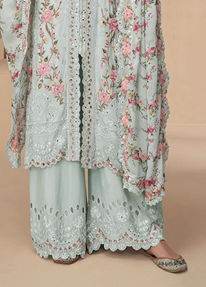 3 Pc Grey Silk Plazzo Suits Set - Image 3