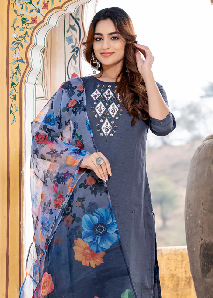 3 Pc Grey Silk Suit Set - Image 2