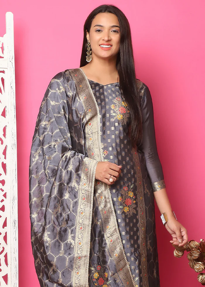 3 Pc Grey Unstitched Silk Suit Set - Image 2