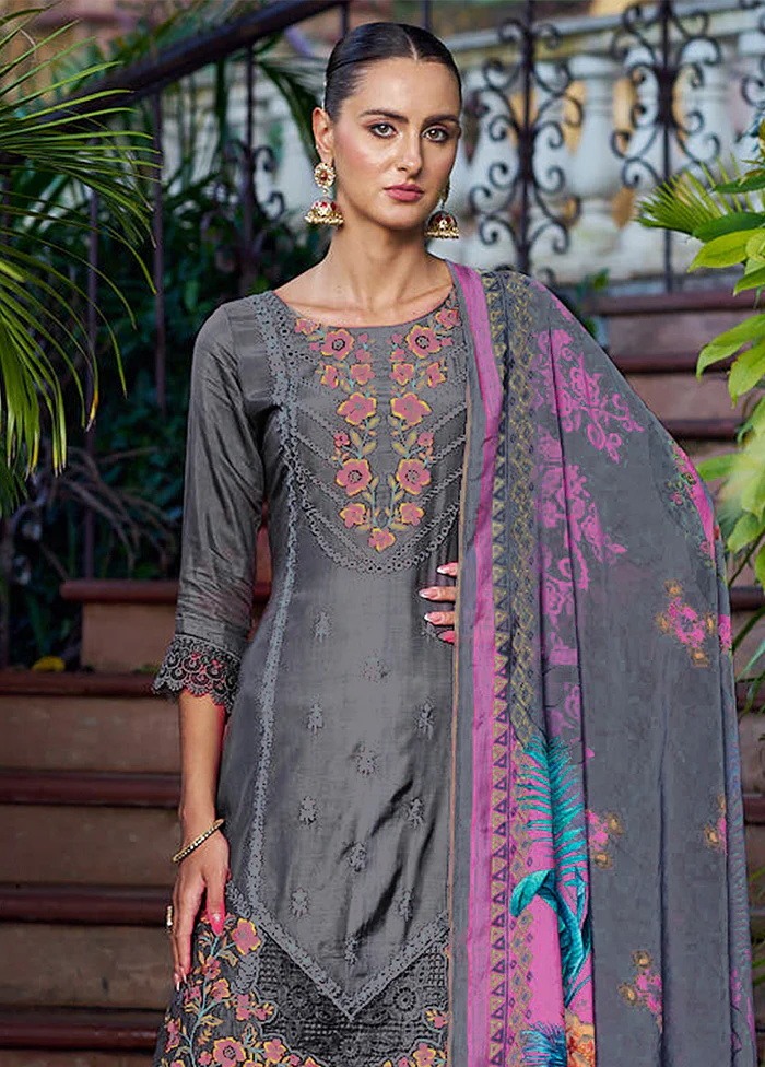 3 Pc Grey Unstitched Silk Suit Set - Image 2
