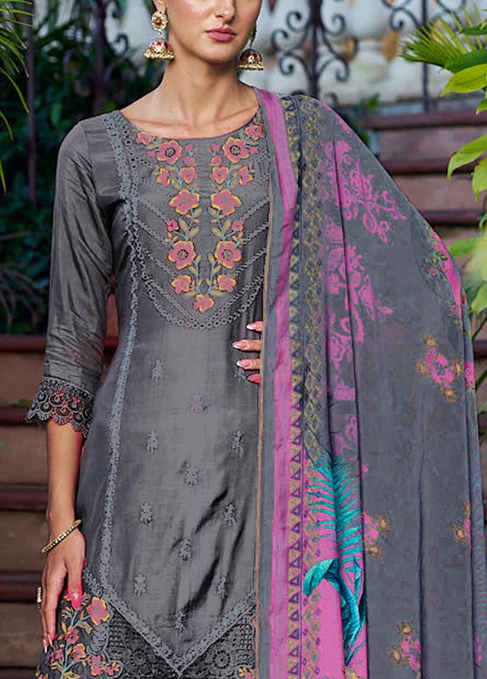 3 Pc Grey Unstitched Silk Suit Set - Image 3