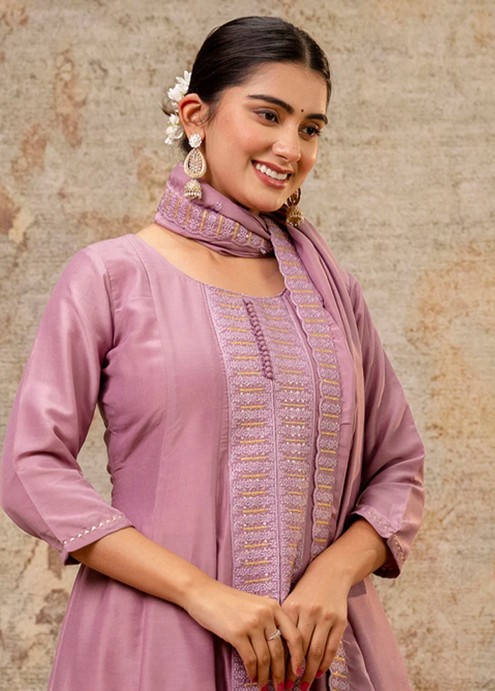 3 Pc Lavender Readymade Silk Dupatta Suit Set - Image 2