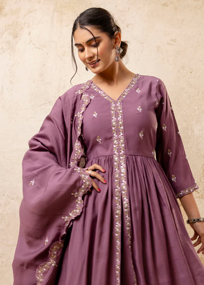 3 Pc Lavender Readymade Silk Dupatta Suit Set - Image 2