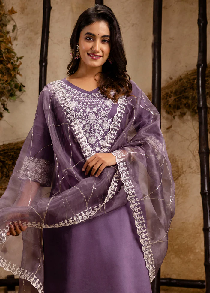 3 Pc Lavender Readymade Silk Dupatta Suit Set - Image 2