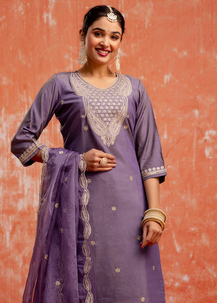 3 Pc Lavender Readymade Silk Dupatta Suit Set - Image 2