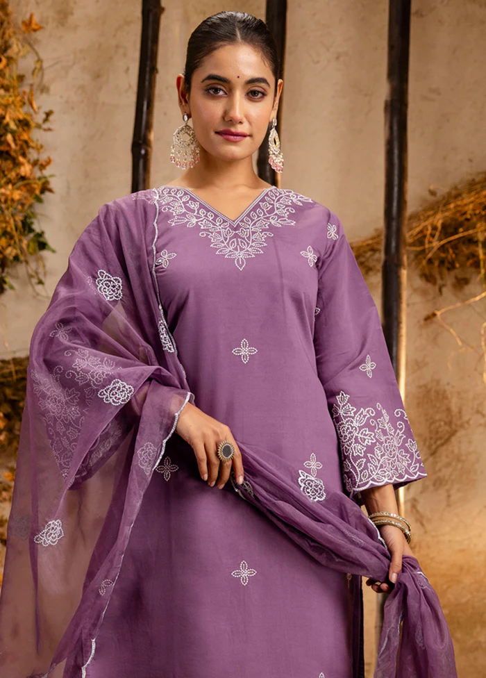 3 Pc Lavender Readymade Silk Dupatta Suit Set - Image 2