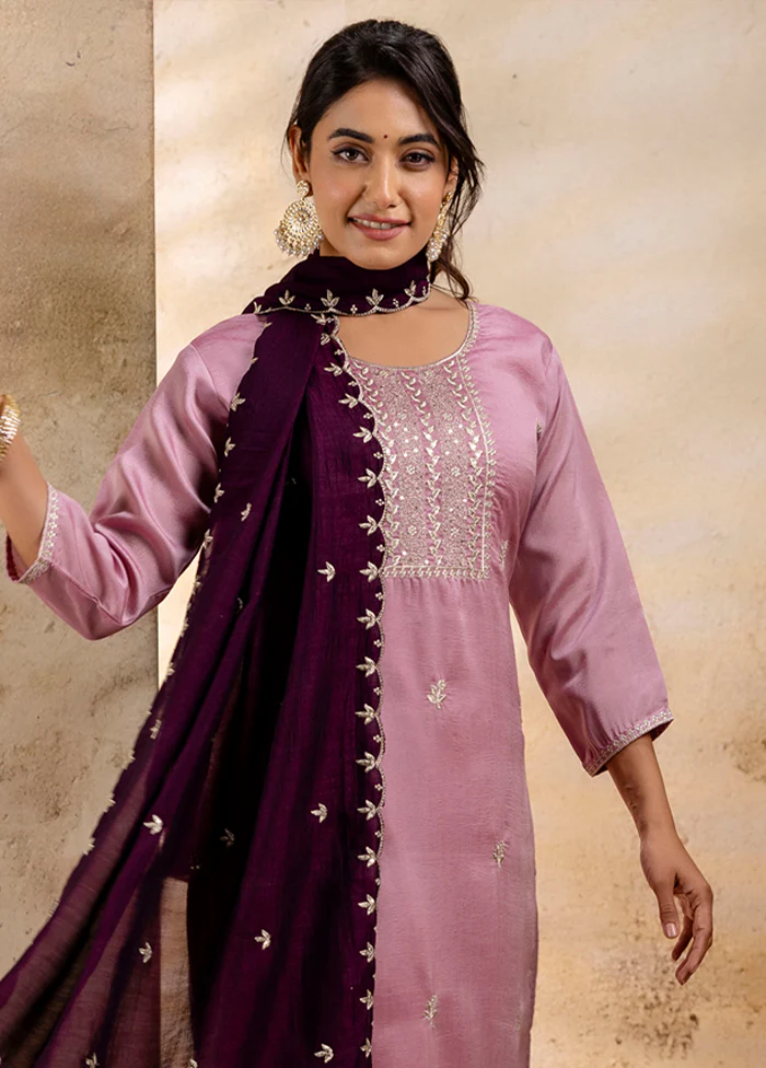 3 Pc Lavender Readymade Silk Dupatta Suit Set - Image 2