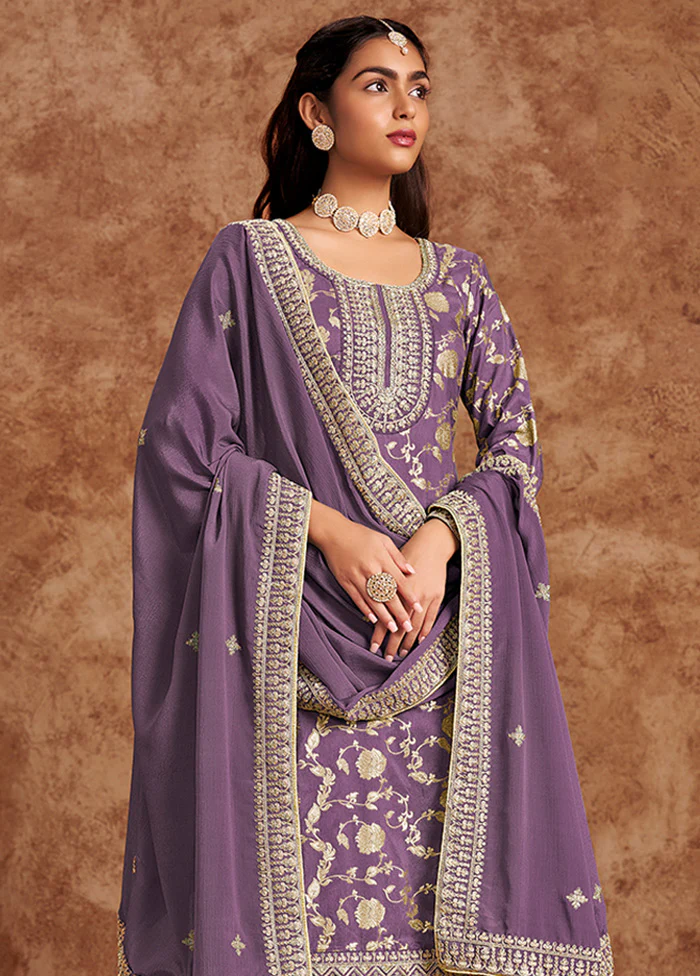 3 Pc Lavender Semi Stitched Silk Suit Set - Image 2