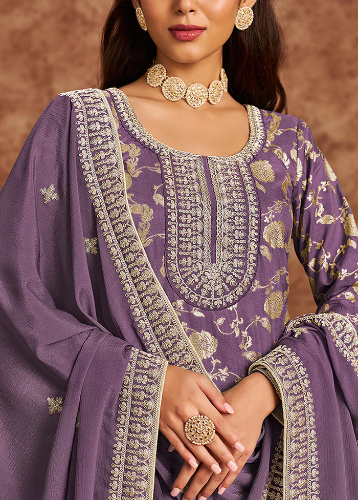 3 Pc Lavender Semi Stitched Silk Suit Set - Image 3