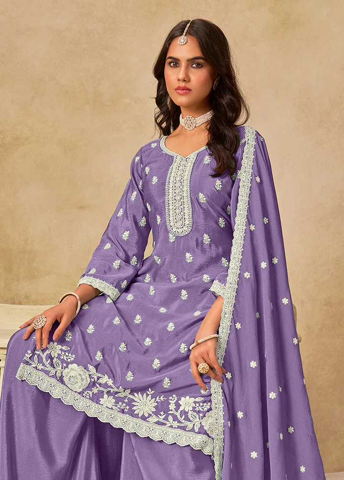 3 Pc Lavender Silk Plazzo Suit Set - Image 2