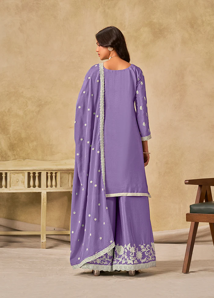 3 Pc Lavender Silk Plazzo Suit Set - Image 3