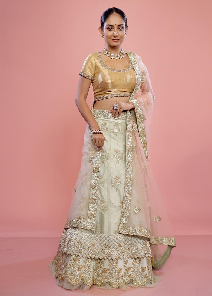 3 Pc Lemon Green Semi Stitched Silk Lehenga Set