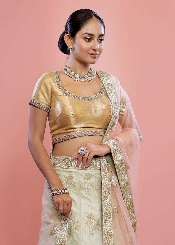 3 Pc Lemon Green Semi Stitched Silk Lehenga Set - Image 2