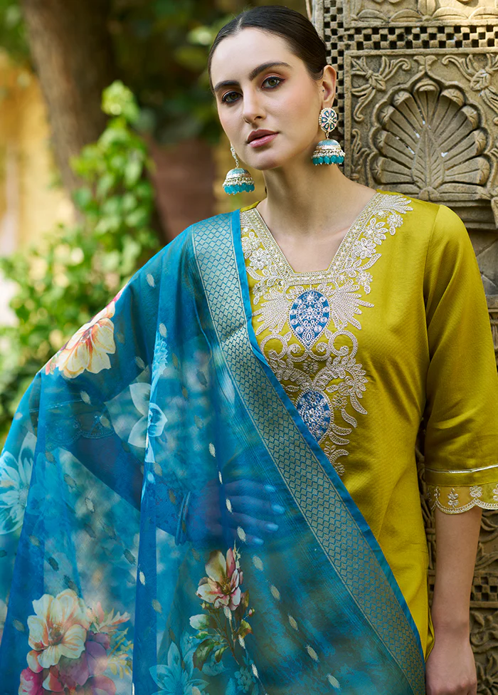 3 Pc Lemon Readymade Viscose Dupatta Suit Set - Image 2