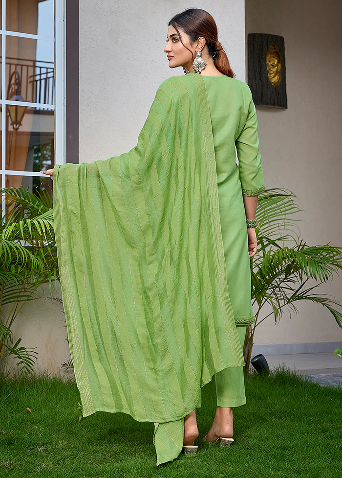 3 Pc Light Green Readymade Cotton Suit Set - Image 2