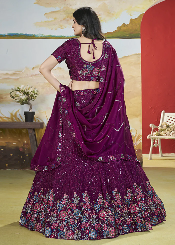 3 Pc Magenta Silk Semi Stitched Lehenga Set - Image 2
