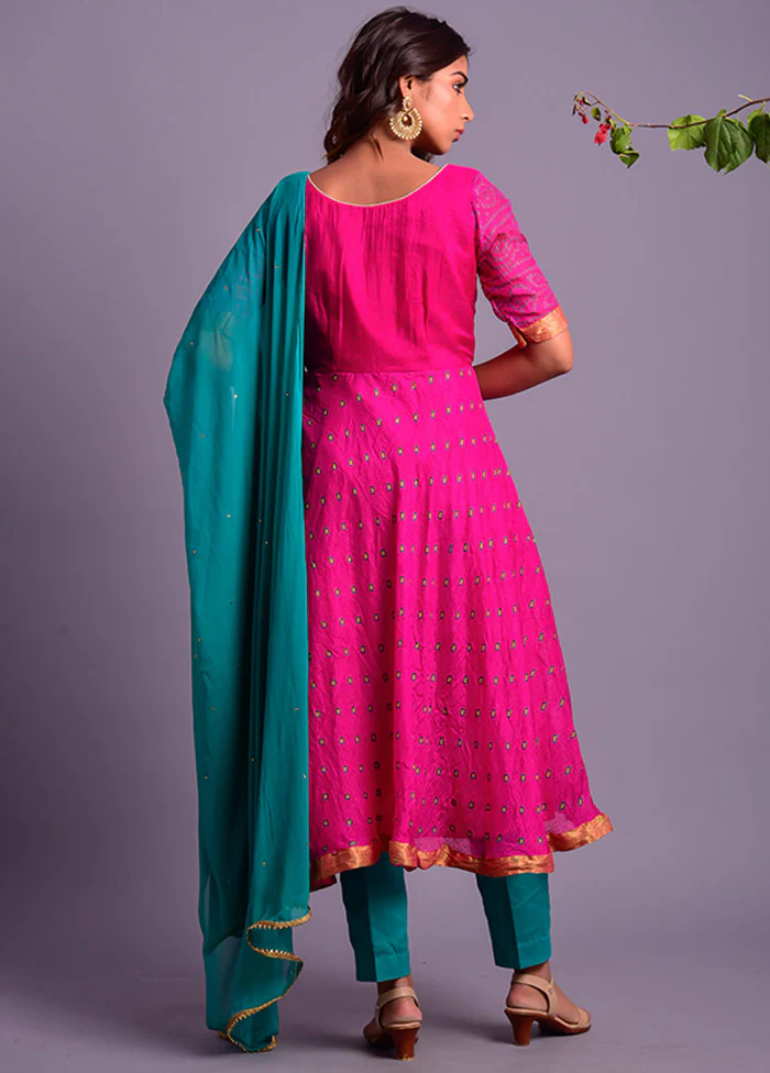 3 Pc Magenta Silk Suit Set With Dupatta - Image 2